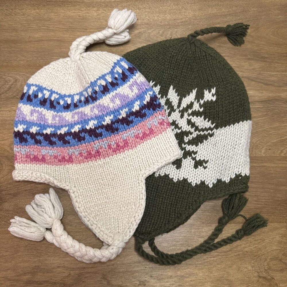 Lot Of 2 Unisex Toboggan Style Ski Beanie Ear Flaps Wool Blend Winter Knit Hat
